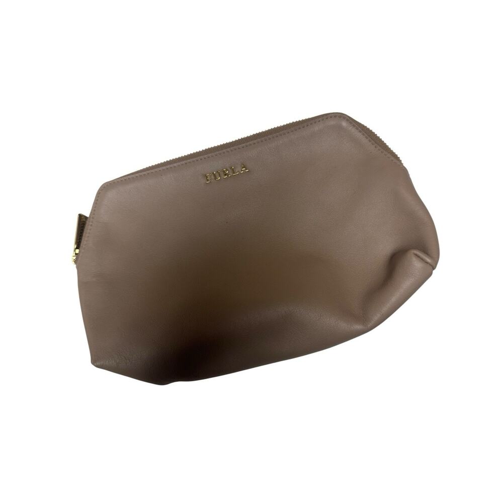 Furla Leather Cosmetic Pouch Tan Zip Clutch Makeup‎ Bag Italy 8x5